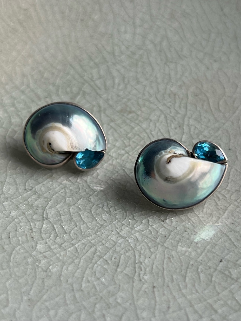 Vintage Sterling Silver & Blue Seashell Stud Earrings with Blue Stones